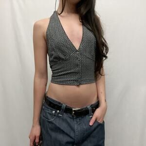 free people black white retro pinup gingham v neck button halter crop top